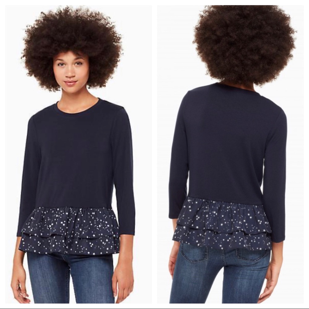 KATE SPADE 3/4 Sleeve Mixed Media Tee In Rich Navy